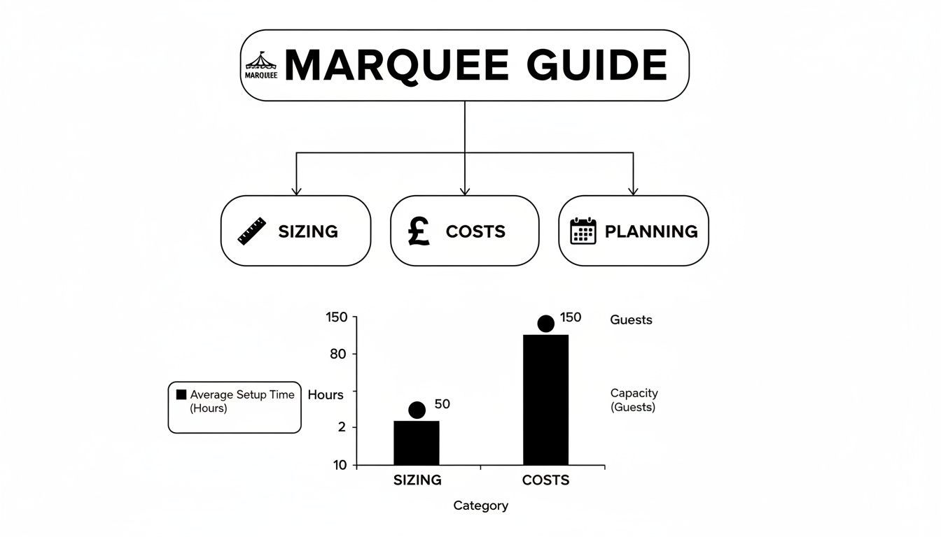 Marquee guide flowchart with sections for sizing, costs, and planning, alongside a bar chart showing setup times and guest capacity.