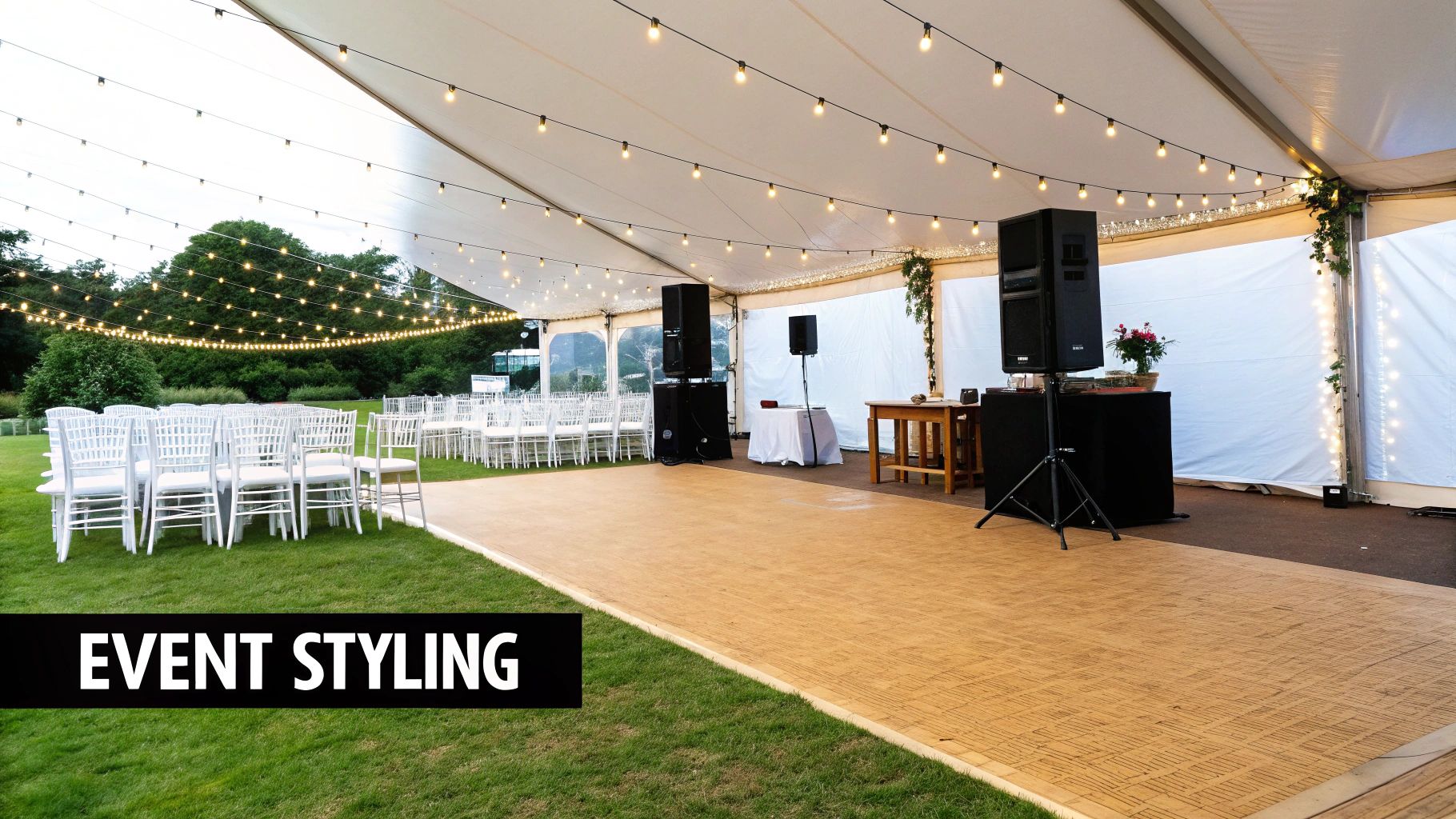 A large white marquee setup for an outdoor event, featuring rows of white chairs on grass, a wooden dance floor, and string lights.