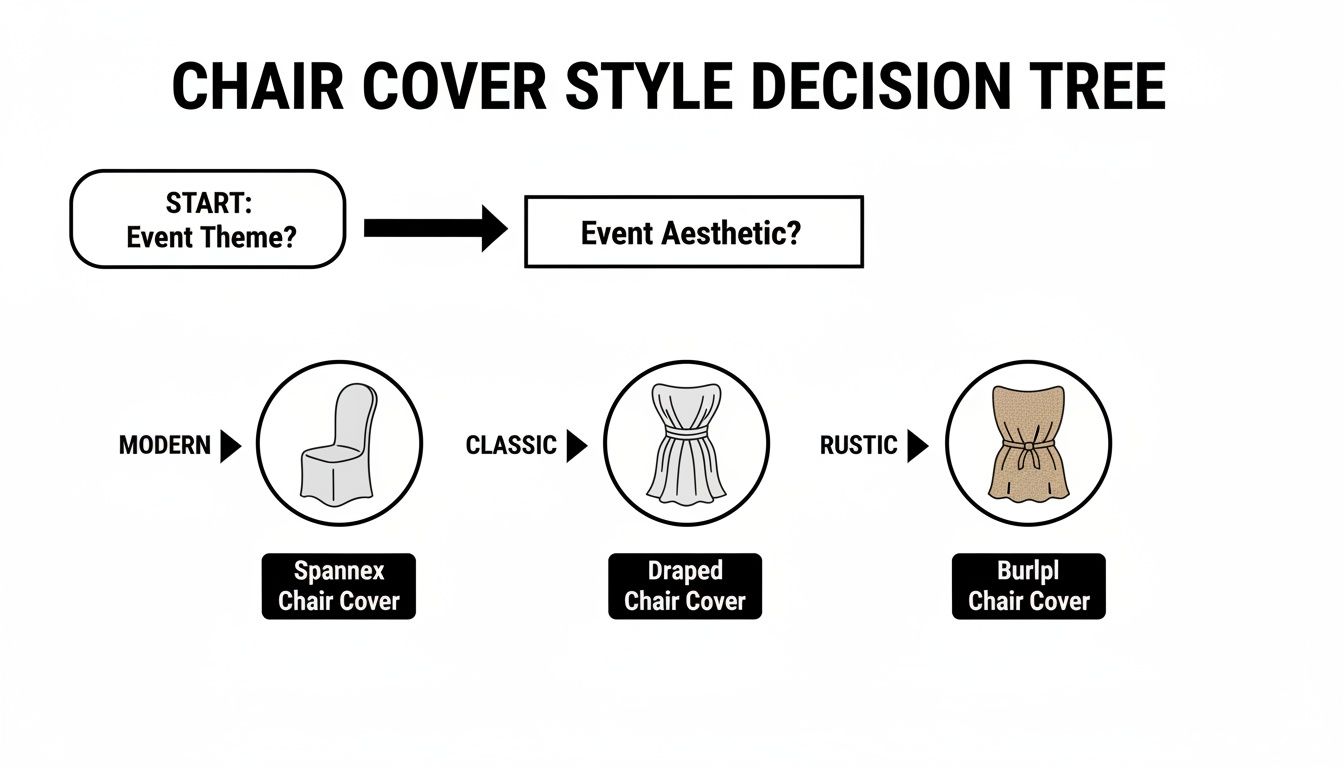 A chair cover style decision tree flowchart, guiding selection based on event aesthetic: modern, classic, or rustic.