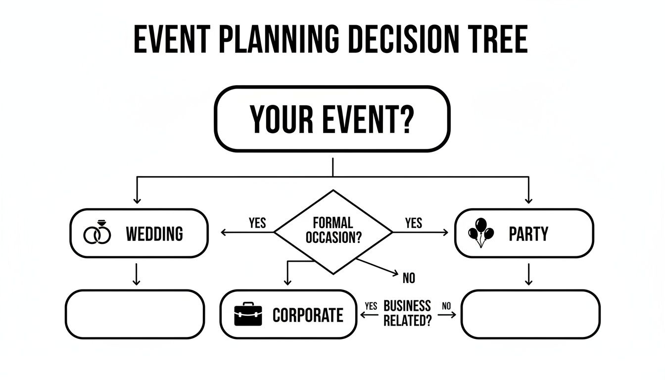 A flowchart decision tree for event planning, categorizing events into wedding, party, and corporate.