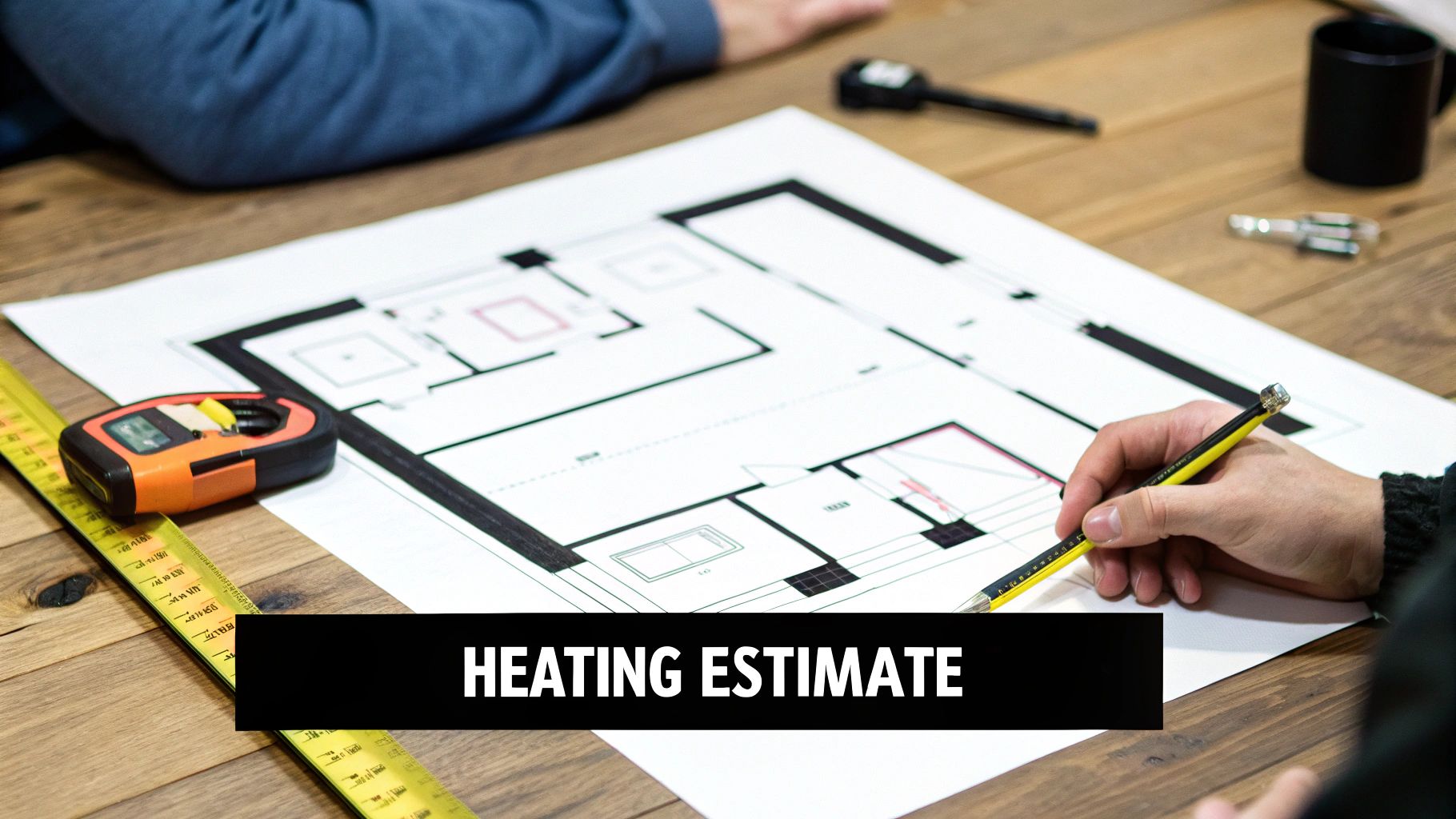 Person's hands working on a heating estimate blueprint with a pencil and measuring tape on a wooden table.