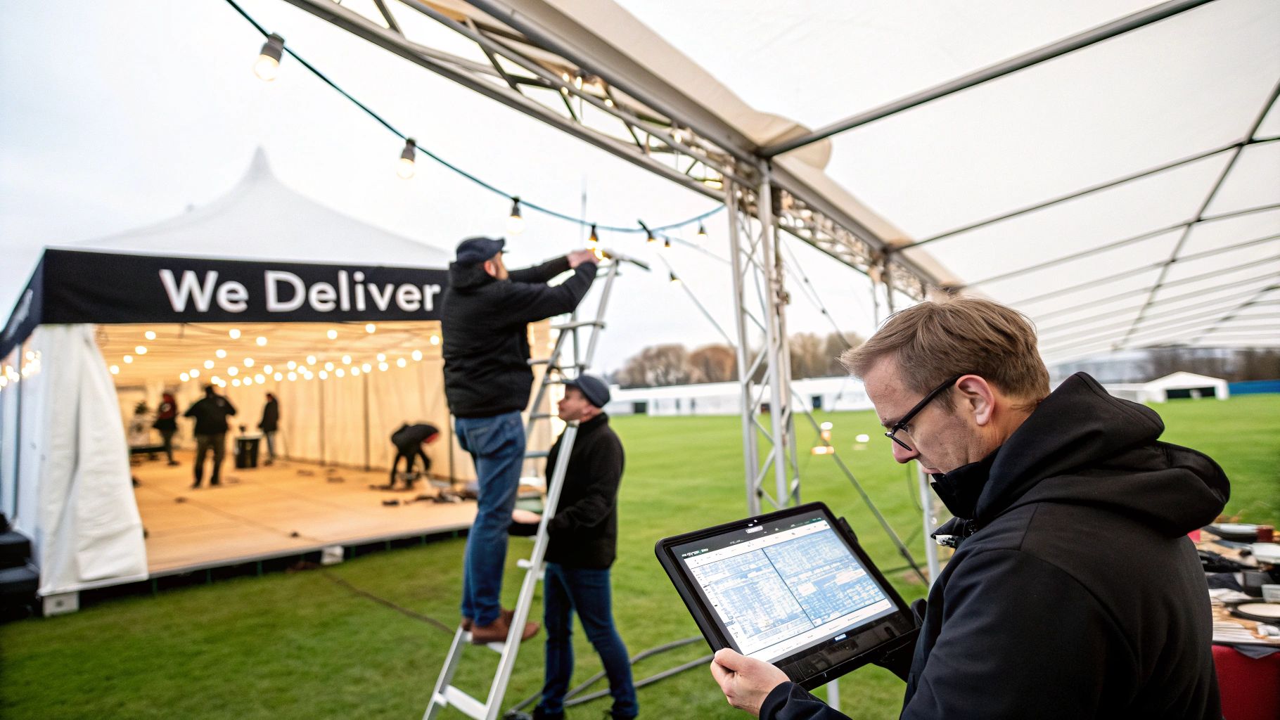 Workers setting up a white marquee tent with string lights and a 'We Deliver' sign.