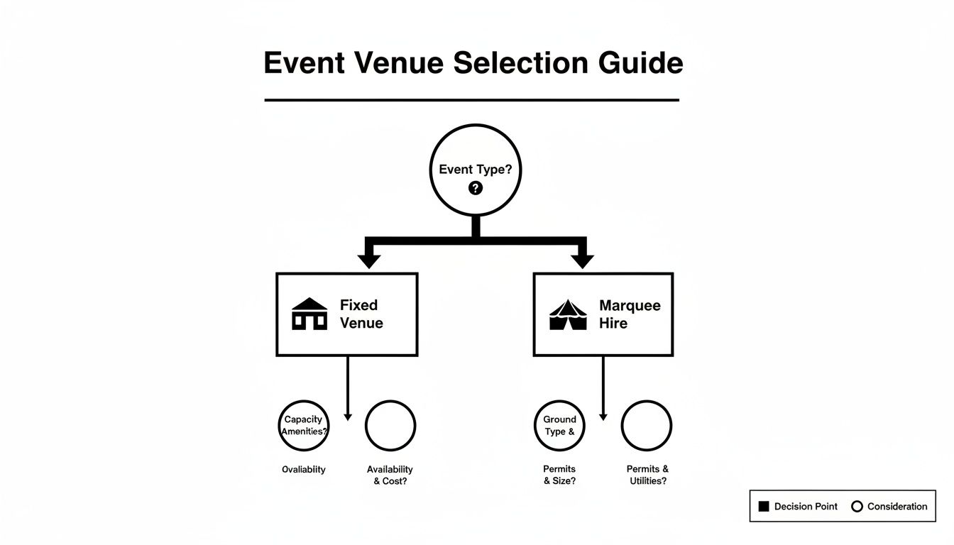 Flowchart detailing event venue selection, comparing fixed venues and marquee hire options.