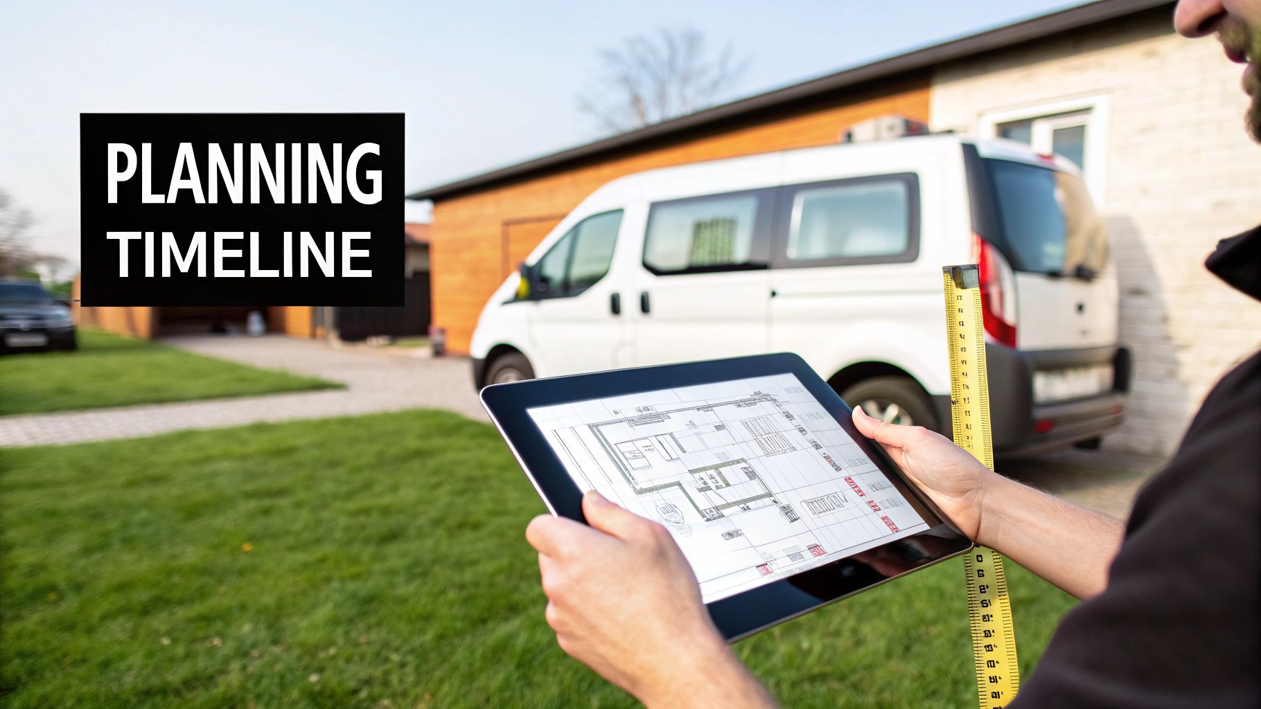 A person holds a tablet displaying architectural plans and a measuring tape, planning construction.