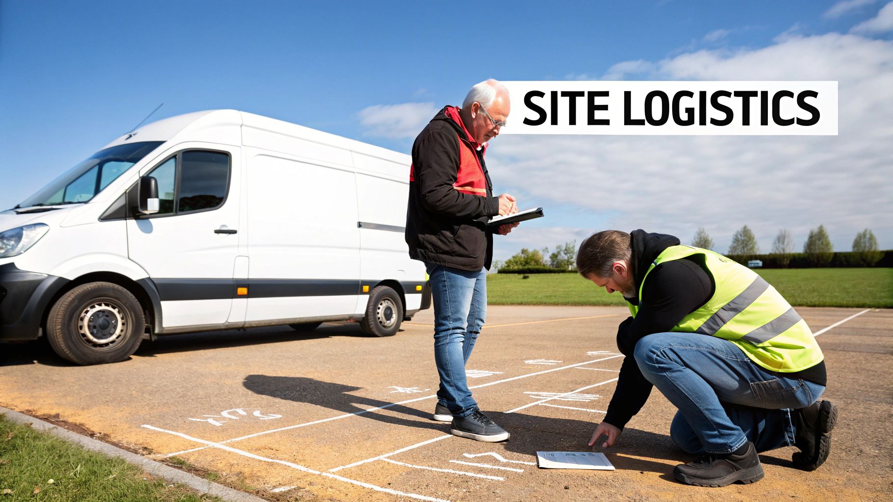 Two logistics workers review plans and markings on the ground next to a white delivery van.