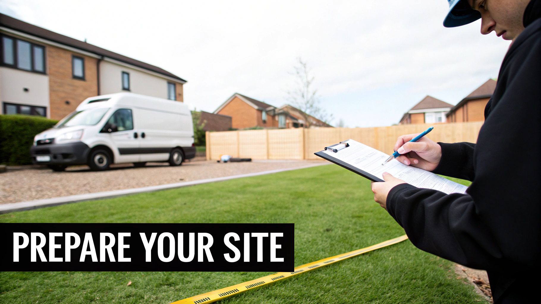 A site worker in a blue hat diligently takes notes on a clipboard, preparing for work.