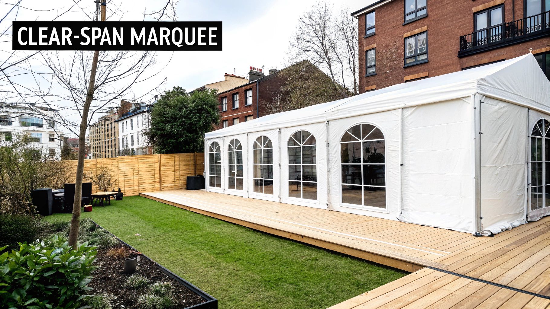 A large white clear-span marquee with arched windows on a wooden deck in a modern garden.