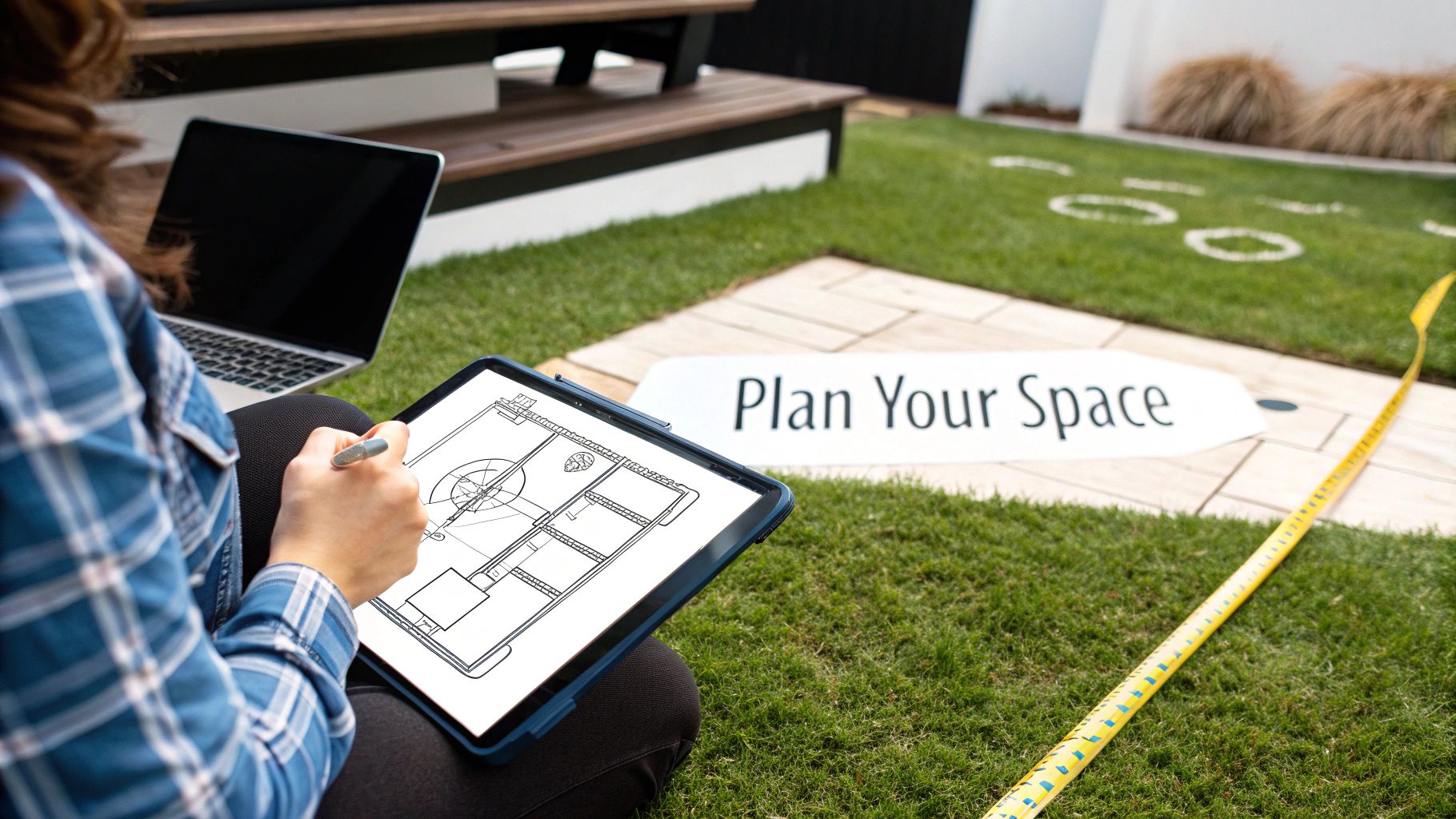 A person designs a floor plan on a tablet with a stylus in an outdoor setting next to a laptop.