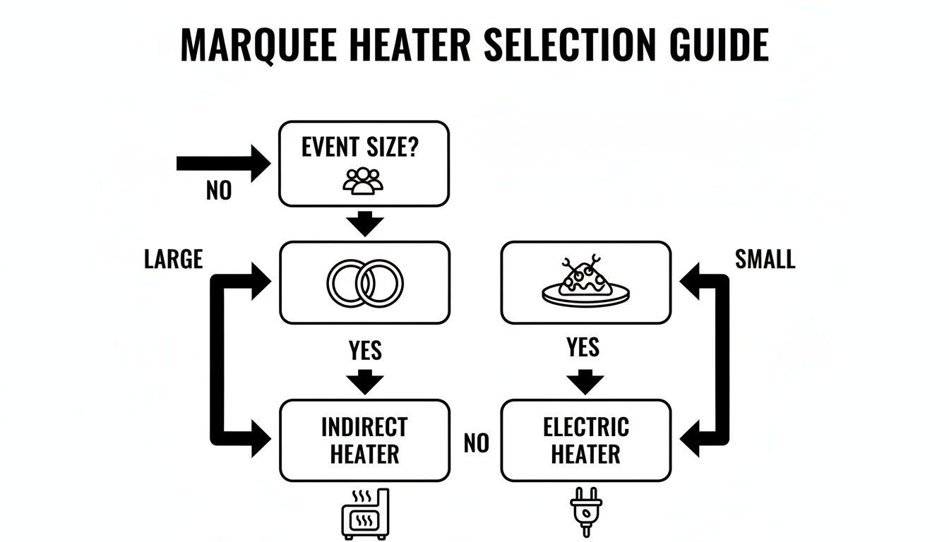 Flowchart guiding marquee heater selection based on event size and type, suggesting indirect or electric heaters.