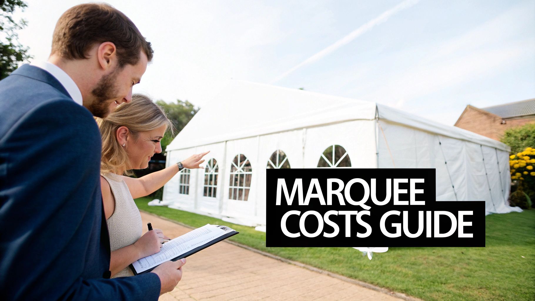 A couple or event planners discussing a white outdoor marquee, with the woman pointing and the man holding a clipboard.