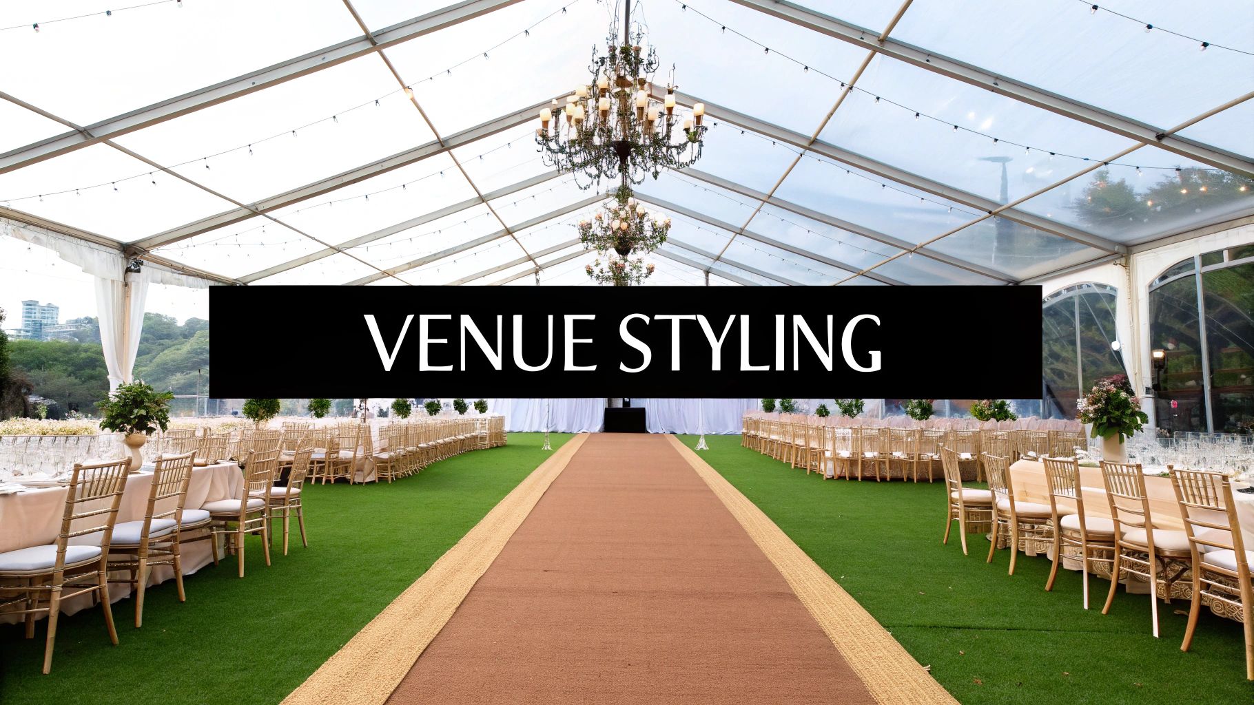 Elegant wedding reception setup in a clear marquee tent with gold chairs, tables, and chandeliers.