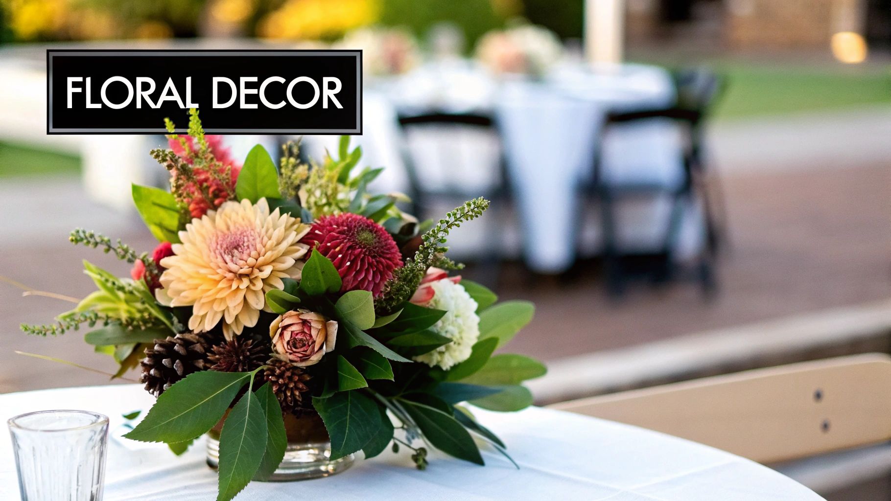 A beautiful floral centerpiece with dahlias and pinecones on a white table at an outdoor event.