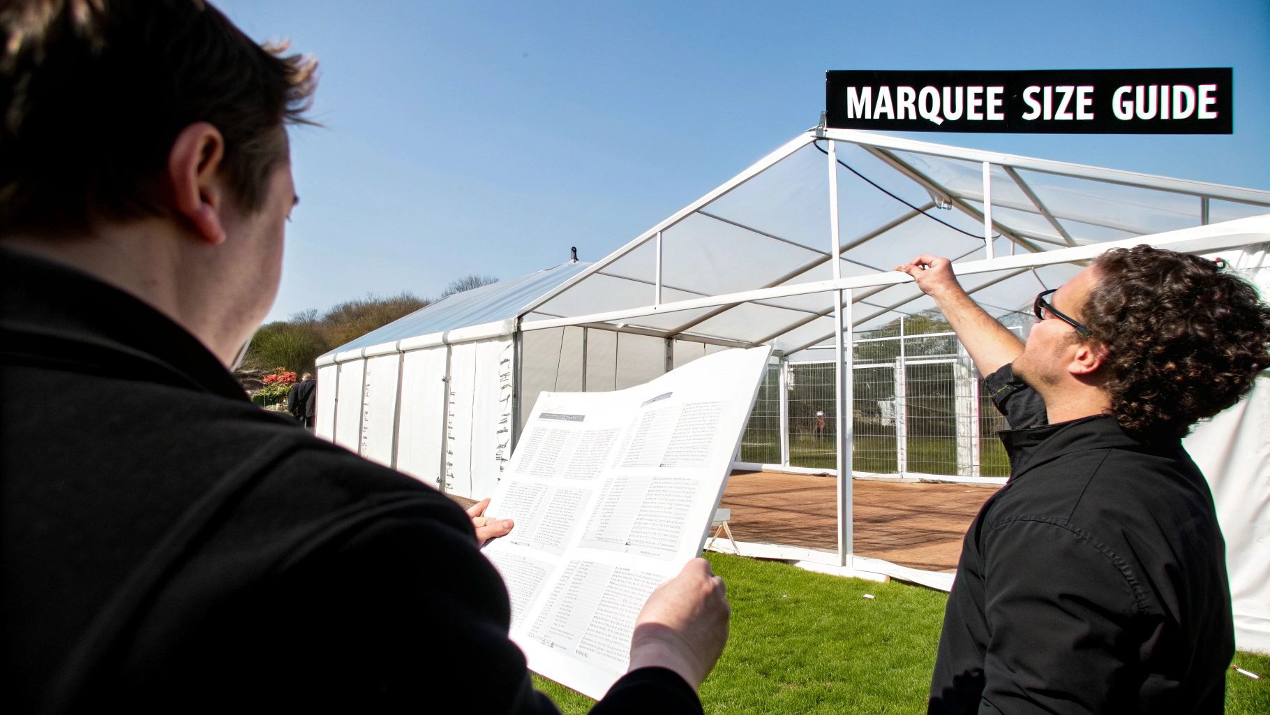 Two men discussing a large clear-span marquee with a 'Marquee Size Guide' sign under a blue sky.