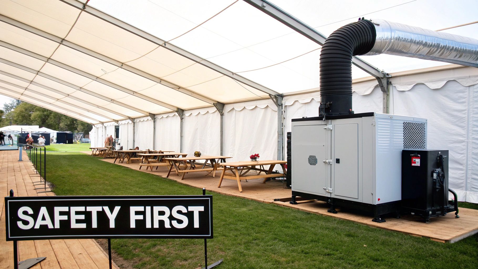 Inside a large white marquee tent with wooden tables, a big grey heater, and a 'SAFETY FIRST' sign.