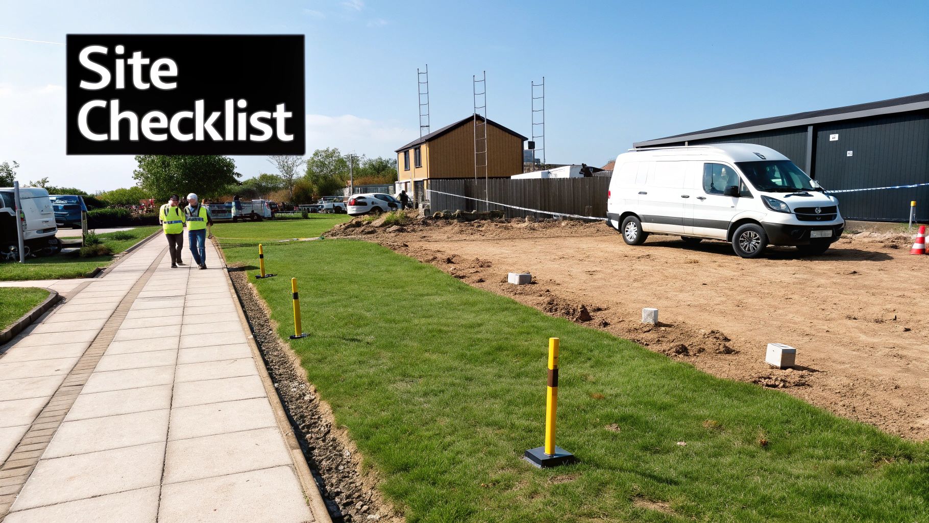 Two workers in high-vis vests walk past a building site with a white van and grass.