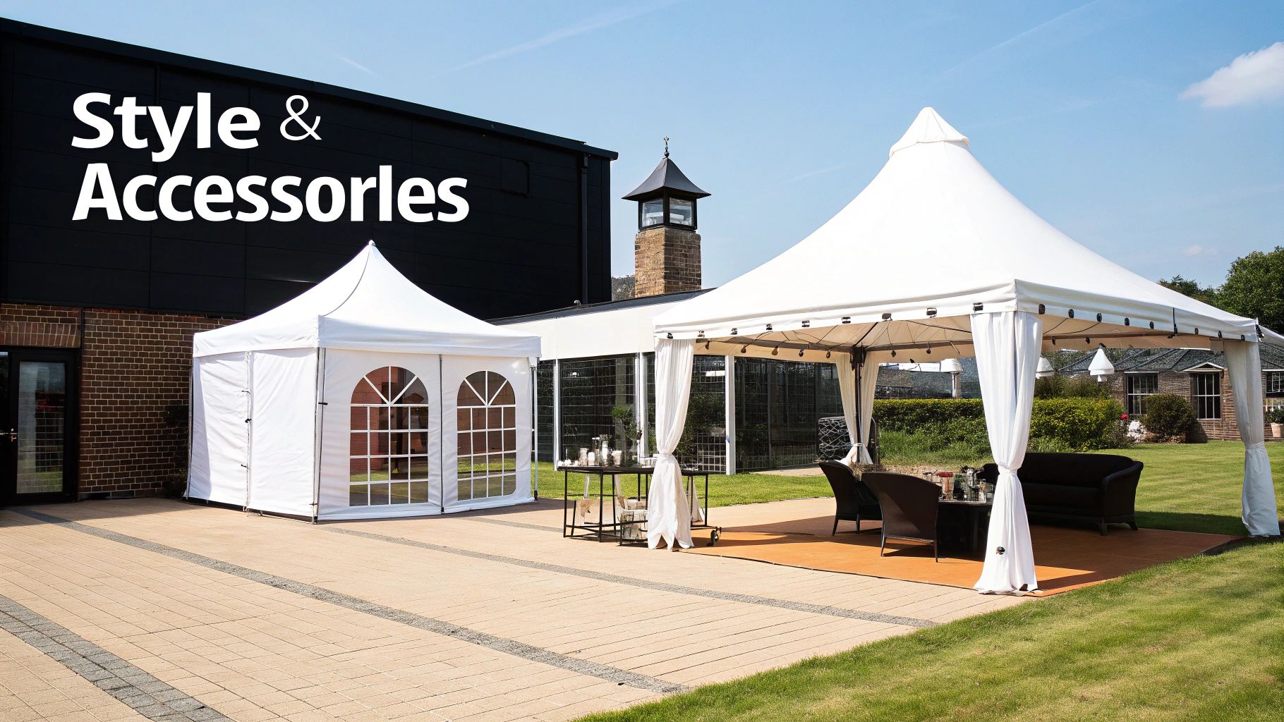 Two elegant white party gazebos with drapes and furniture ready for an outdoor event.