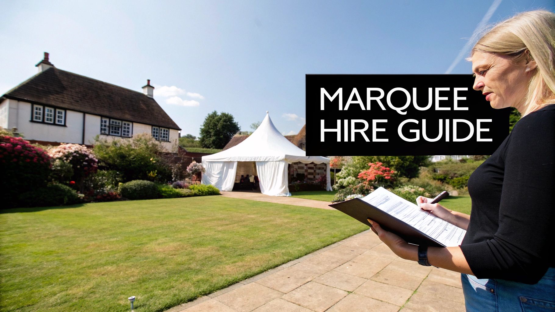 A woman writing on a document outdoors, with a white marquee tent and a house in the background, promoting marquee hire.