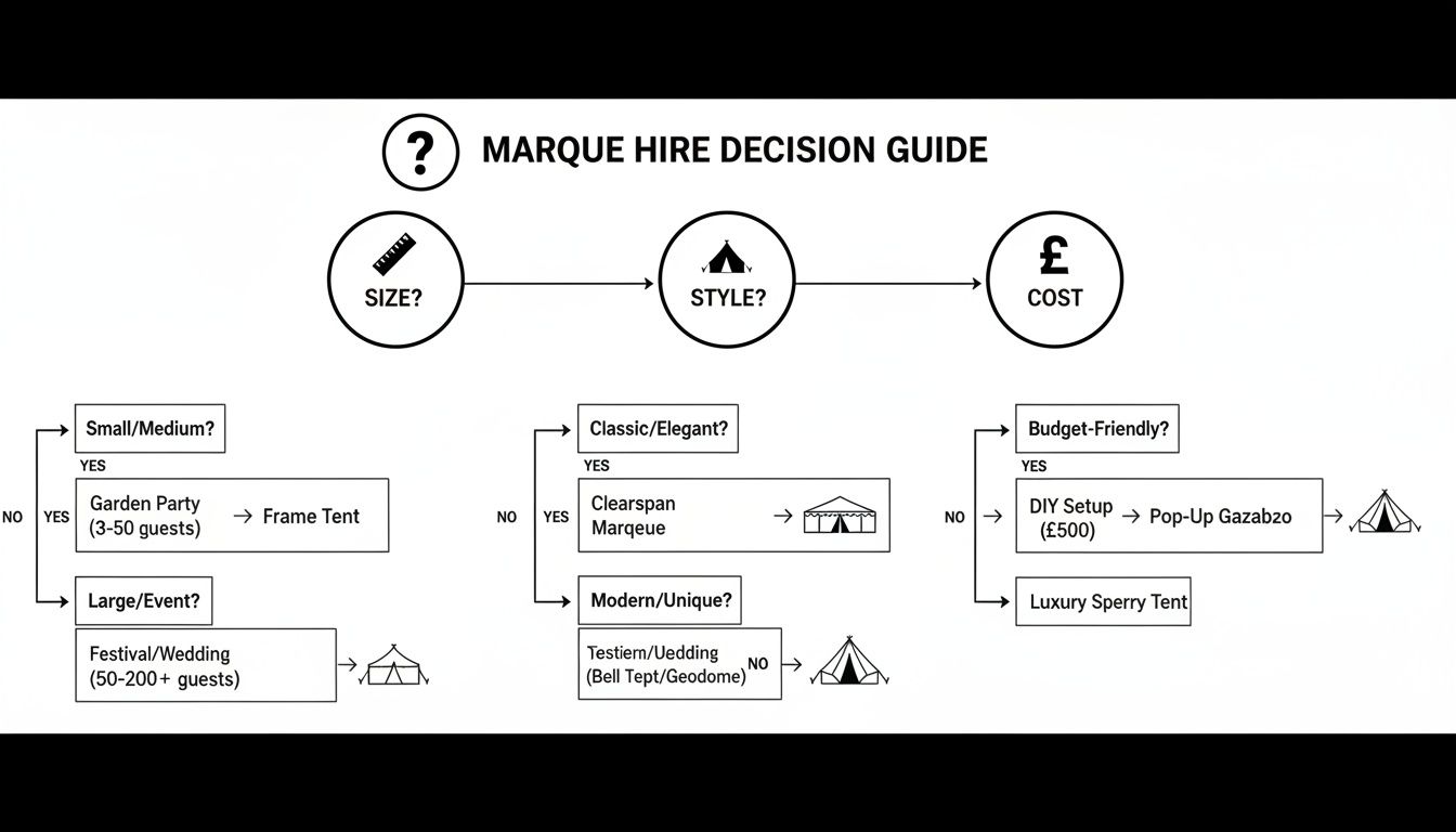A flowchart decision guide for marquee tent hire, considering size, style, and cost.