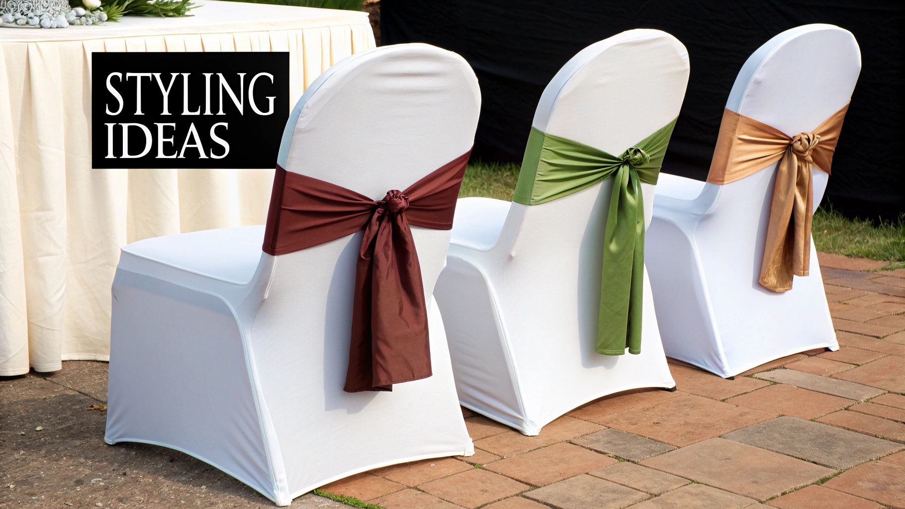 Three white chair covers with maroon, green, and gold sashes showcasing event styling ideas.