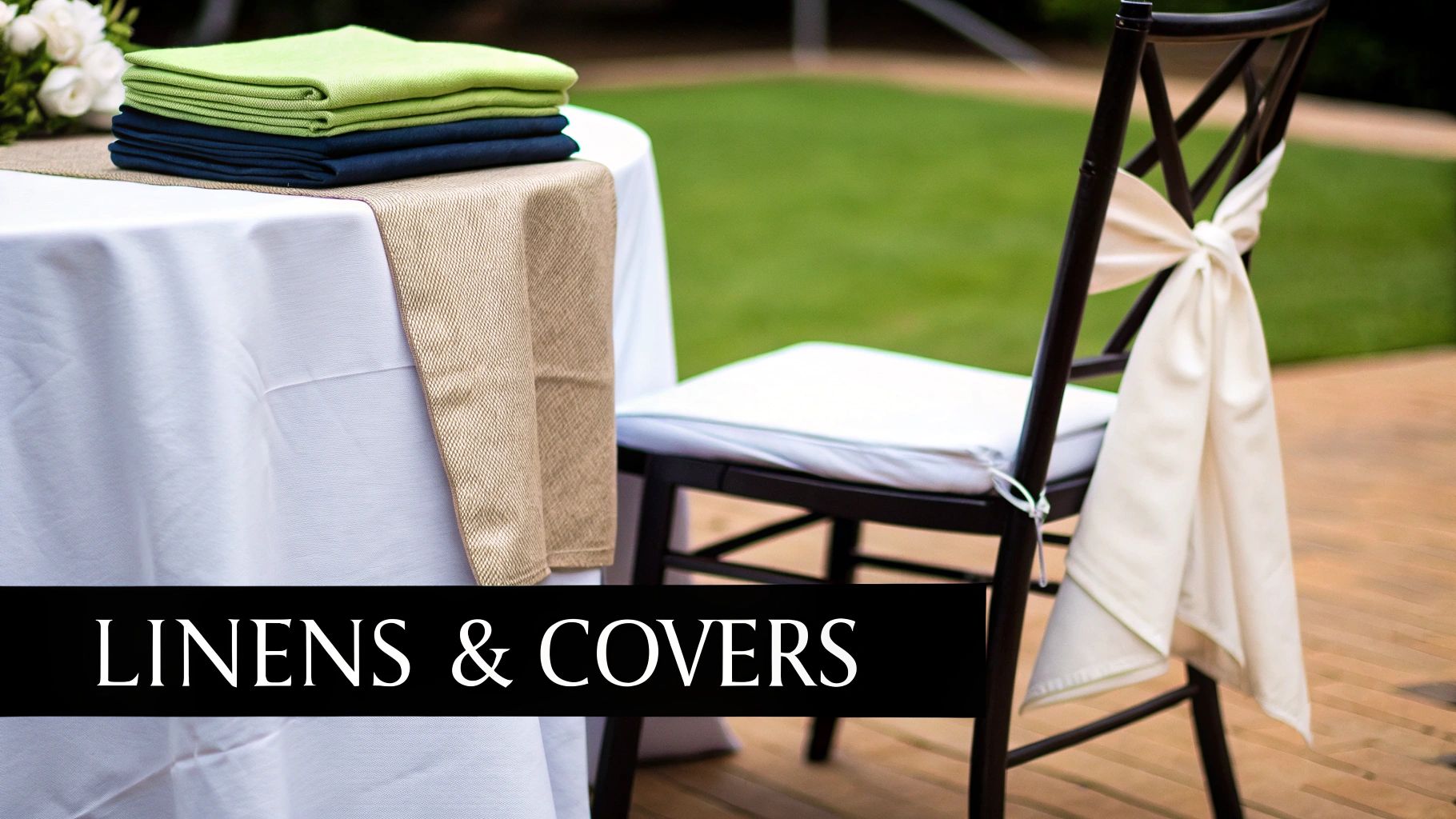 An outdoor event setup featuring a white table with green and navy napkins, and a chair with a white cushion and bow.