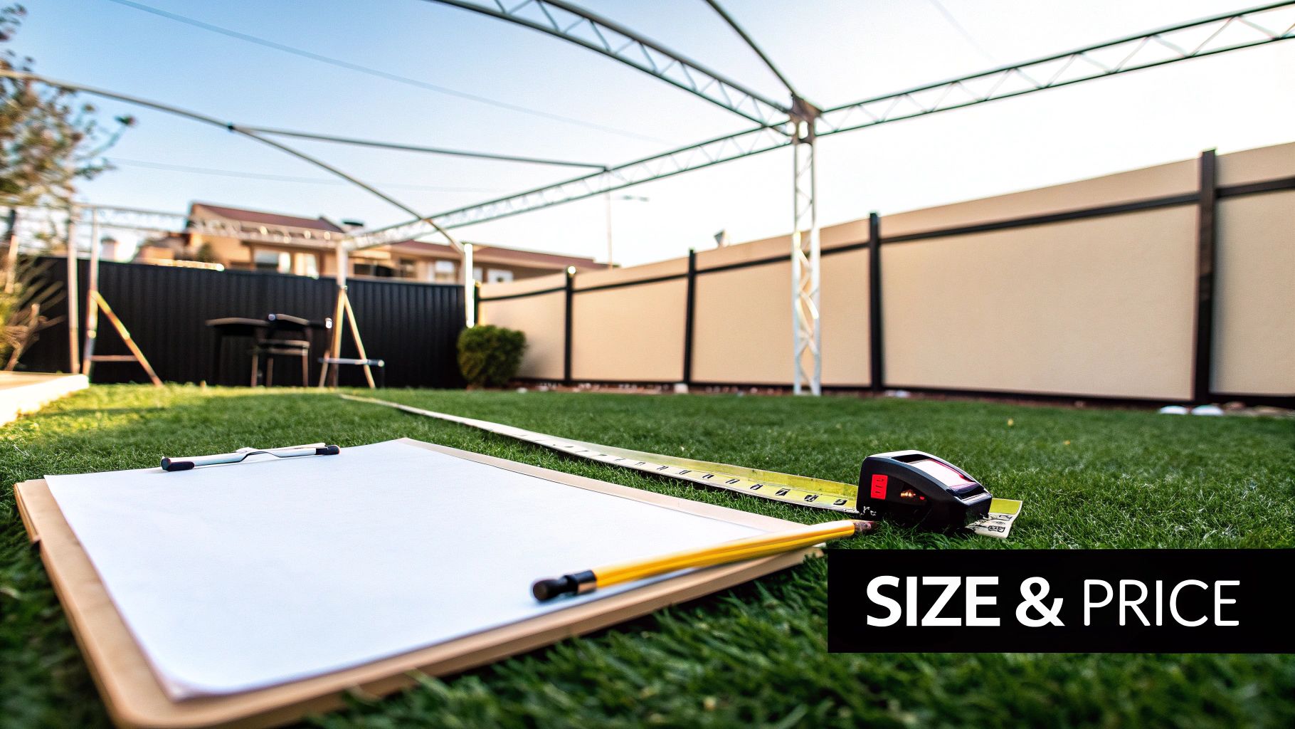 Clipboard, pencil, and measuring tape on green grass, depicting outdoor event planning and measurement.