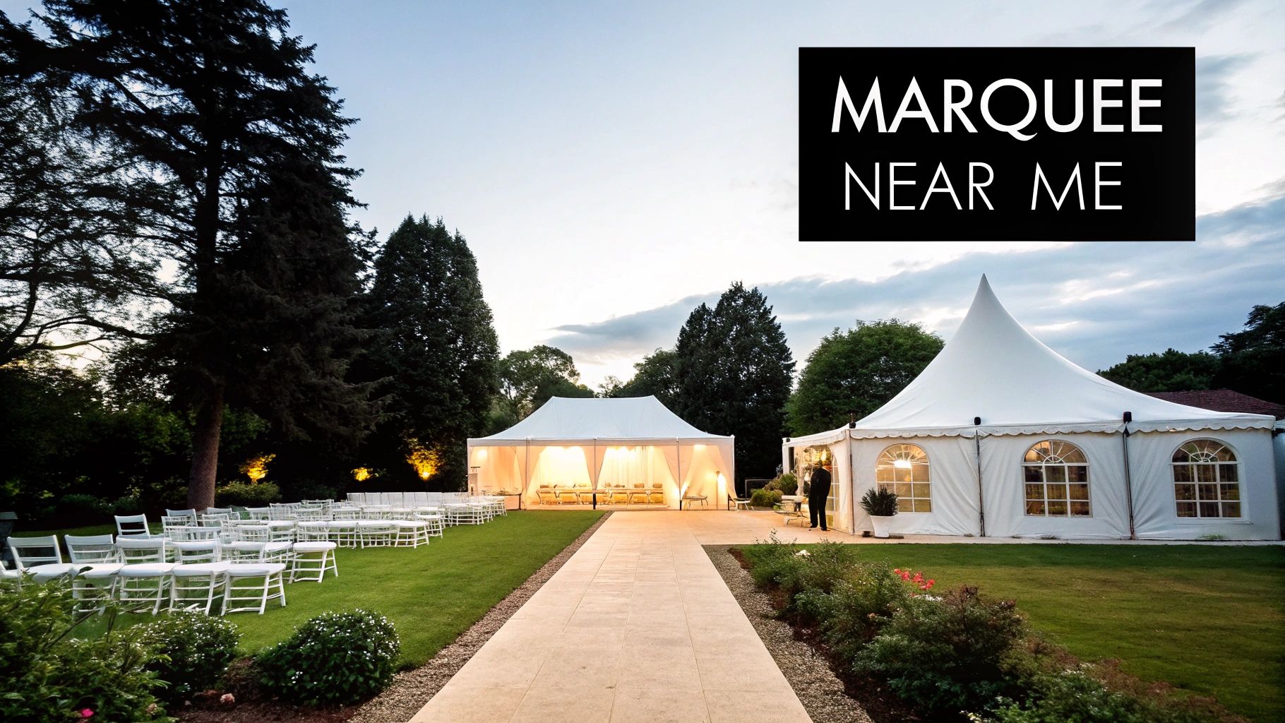 Two white marques set up on a green lawn for an elegant outdoor wedding event at twilight.