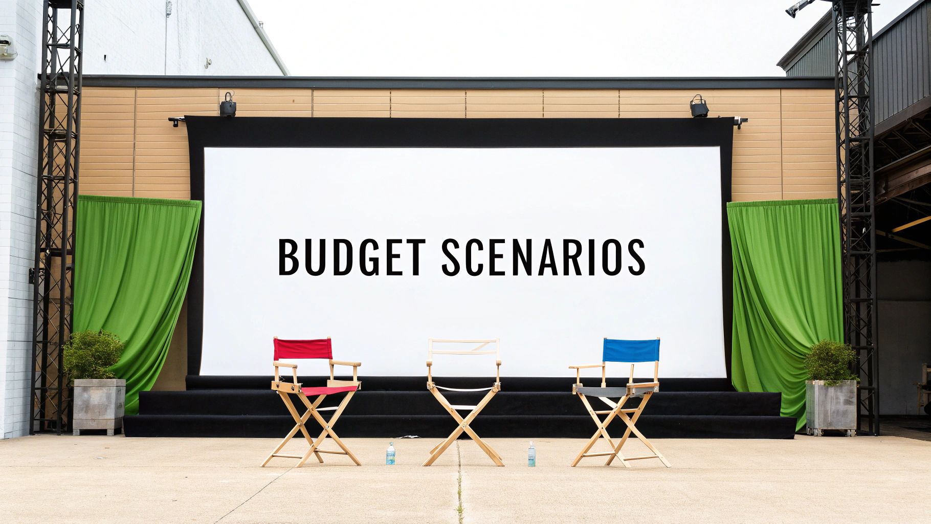 An outdoor stage with a large screen displaying 'BUDGET SCENARIOS' and three empty director's chairs.