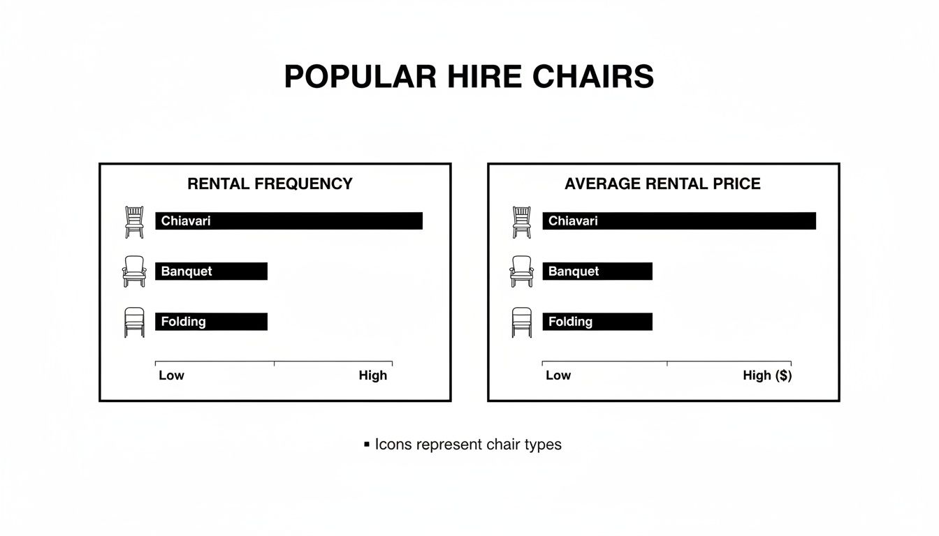 Bar charts display rental frequency and average prices for Chiavari, Banquet, and Folding chairs.