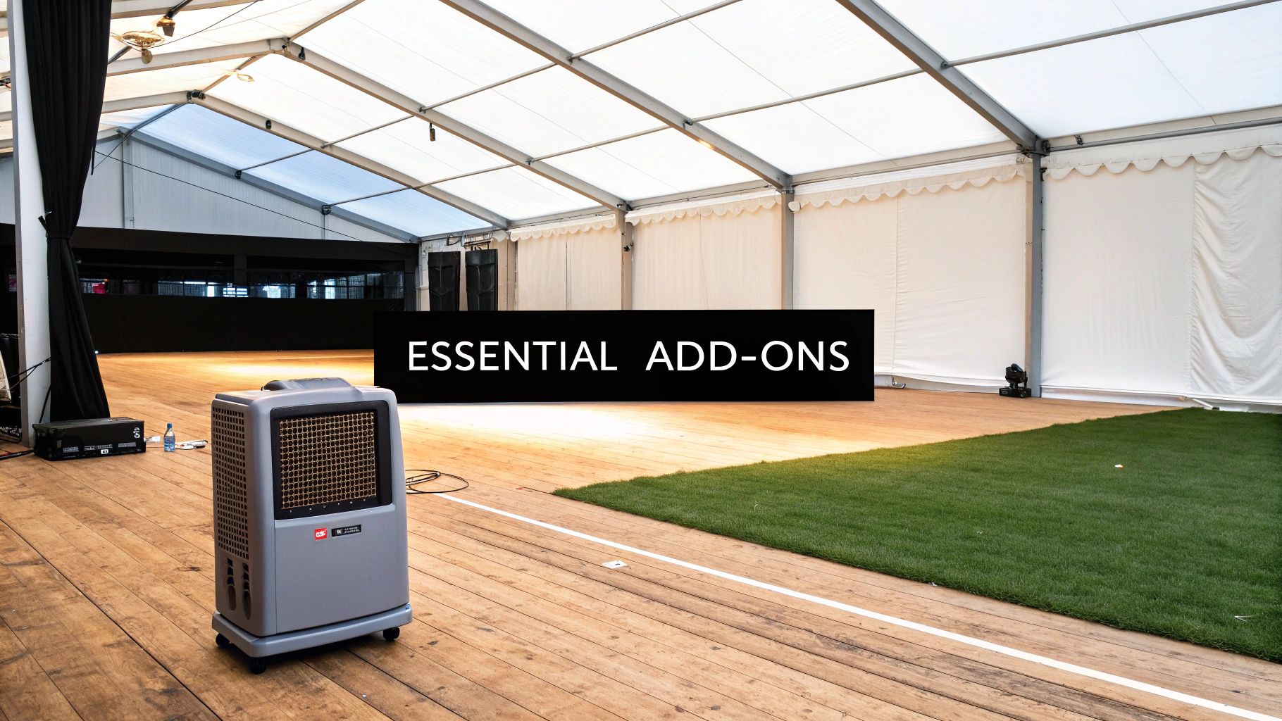Inside a spacious white marquee tent with wooden flooring, artificial grass, and an 'essential add-ons' banner.