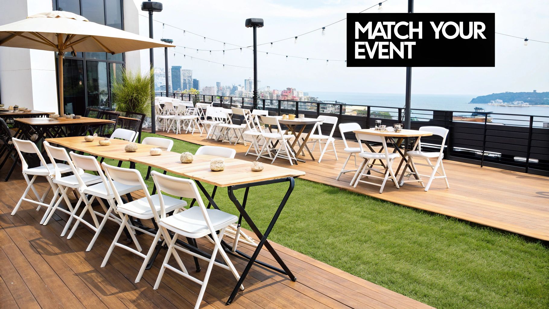 Rooftop event setup featuring wooden tables and white folding chairs, with decorative stones, overlooking a city skyline, emphasizing furniture rental for various occasions.