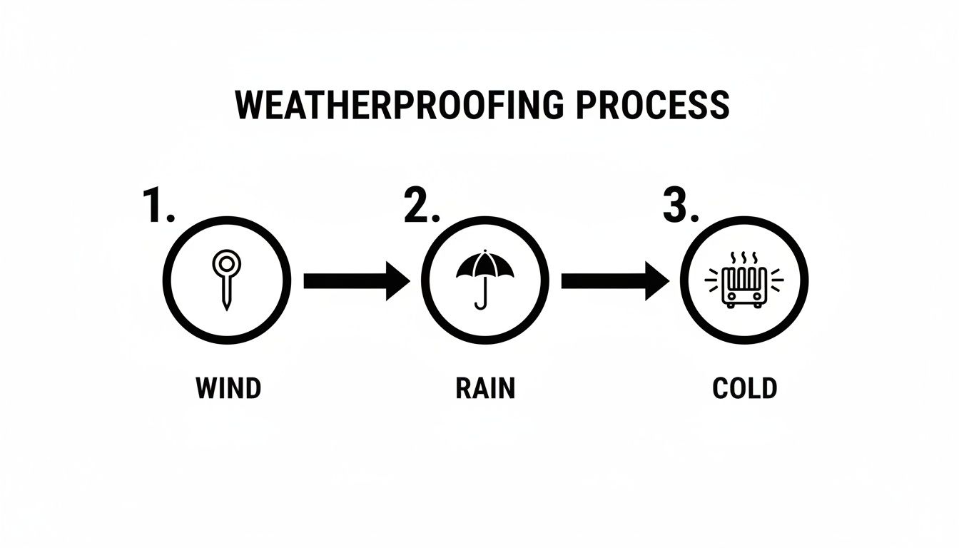 Diagram showing the weatherproofing process: wind, rain, and cold protection with descriptive icons.