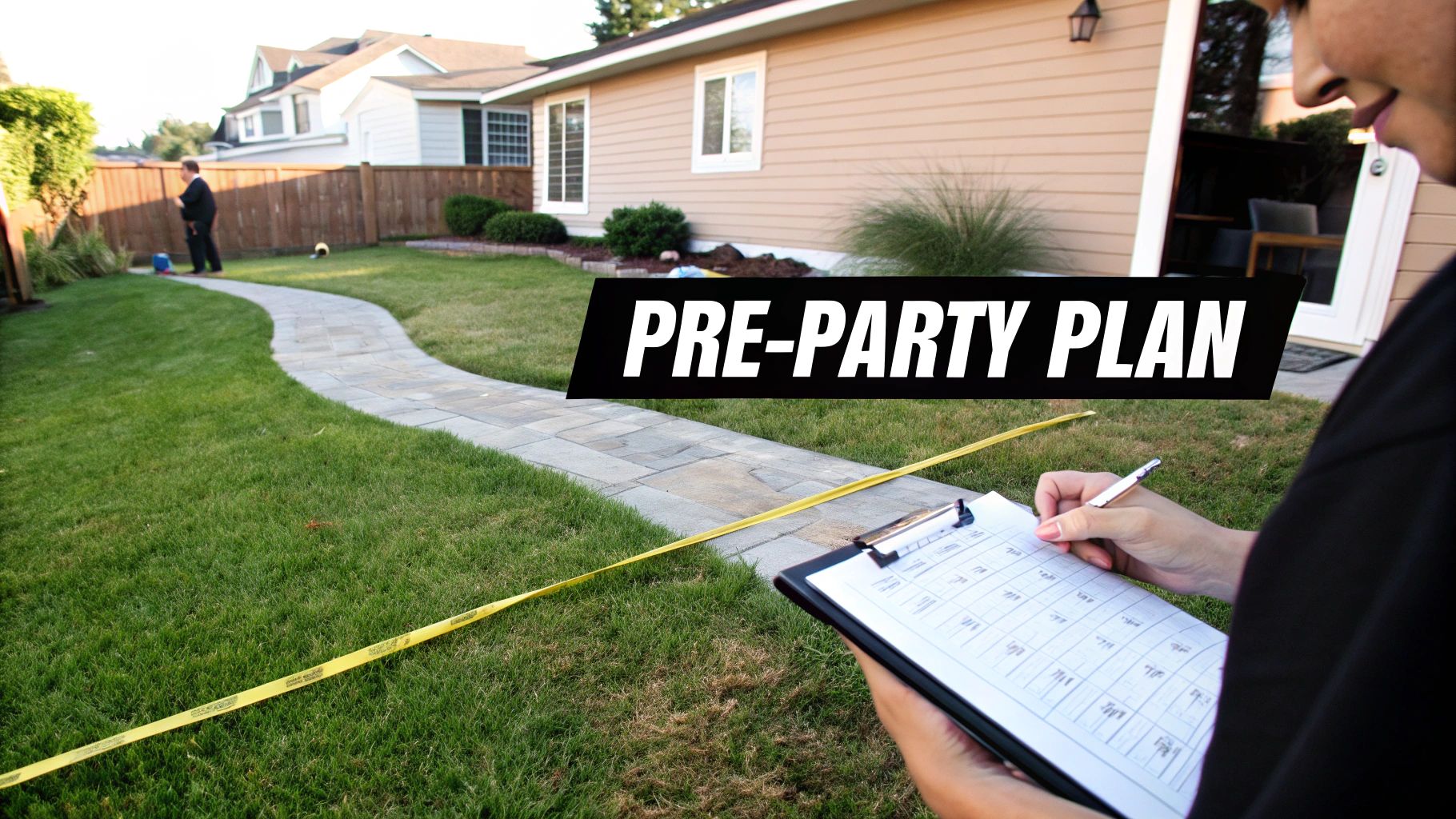 Person planning a garden party, taking notes on a clipboard in a well-maintained yard with a winding pathway, emphasizing pre-party preparations for outdoor events.