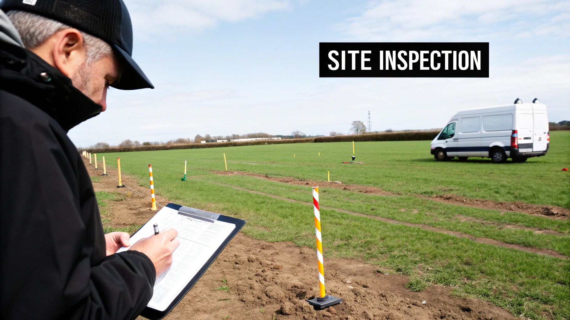 A person inspects a grassy field site, writing on a clipboard amidst marker poles and a white van.