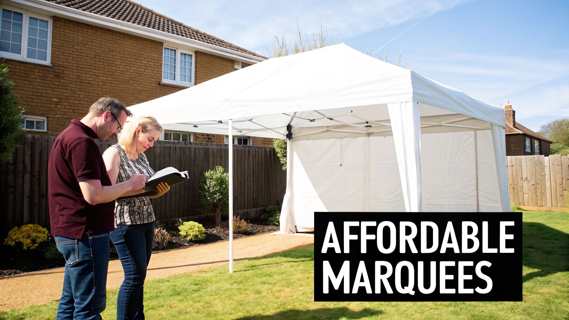 A man and woman in a garden review plans next to a white pop-up marquee tent.