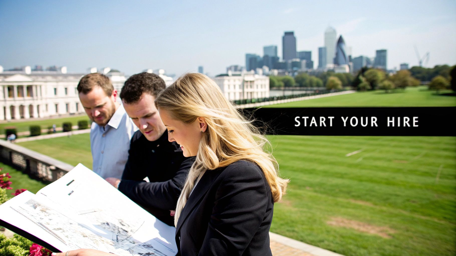 Group of three people discussing marquee plans outdoors in London, with a city skyline in the background and "Start Your Hire" text overlay.