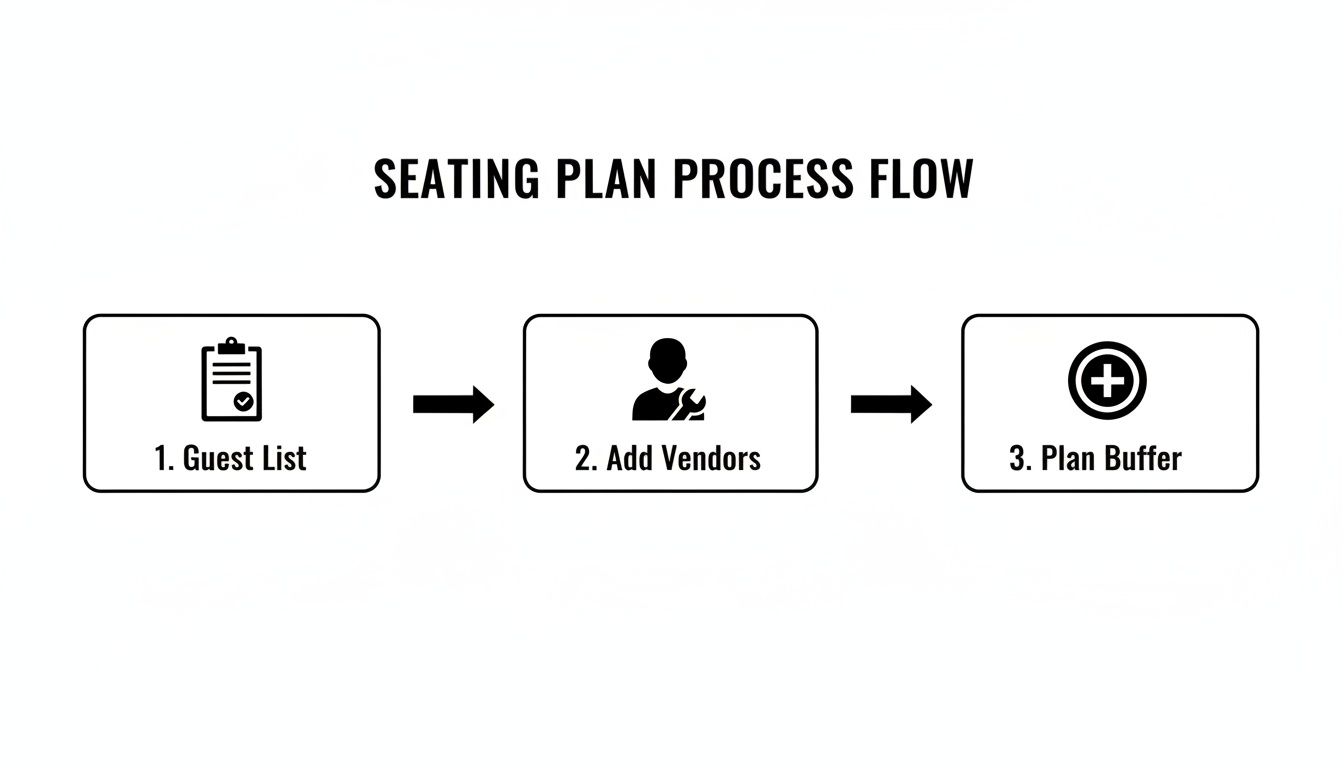 A flow chart outlining the seating plan process, including guest list, adding vendors, and planning a buffer.