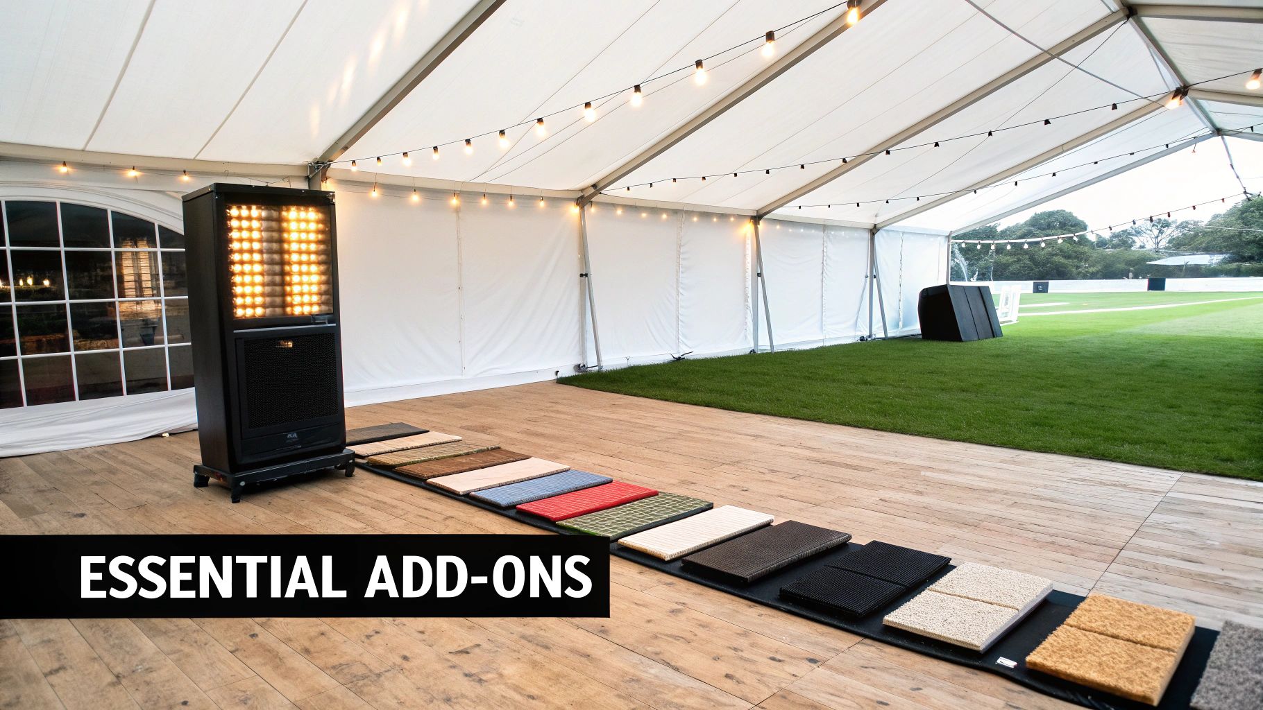 Interior of a white marquee tent showcasing various flooring samples, a heater, and string lights.
