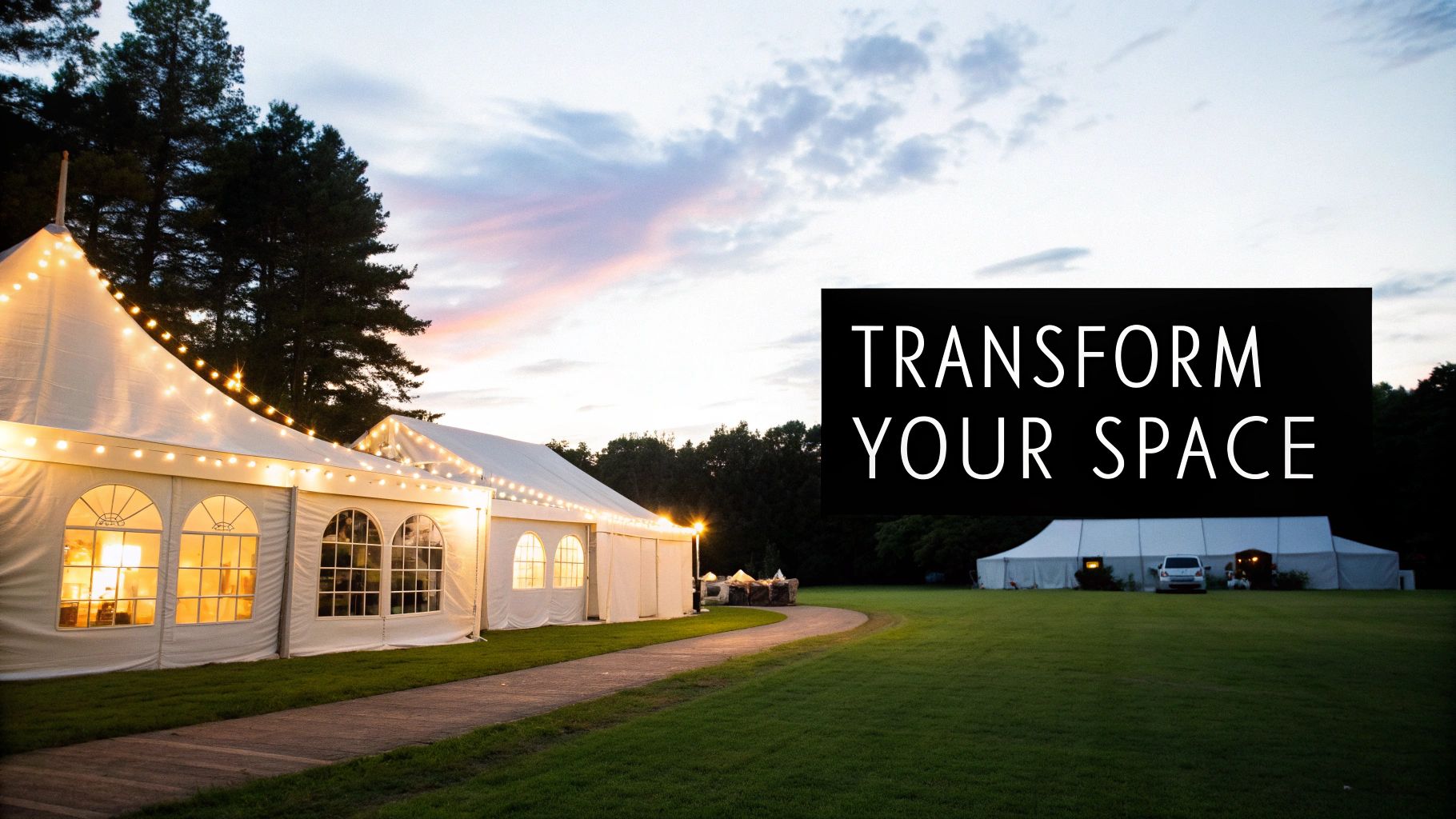 Marquee illuminated with string lights, showcasing a vibrant outdoor event setting, emphasizing the theme "Transform Your Space" for enhanced atmosphere and experience.