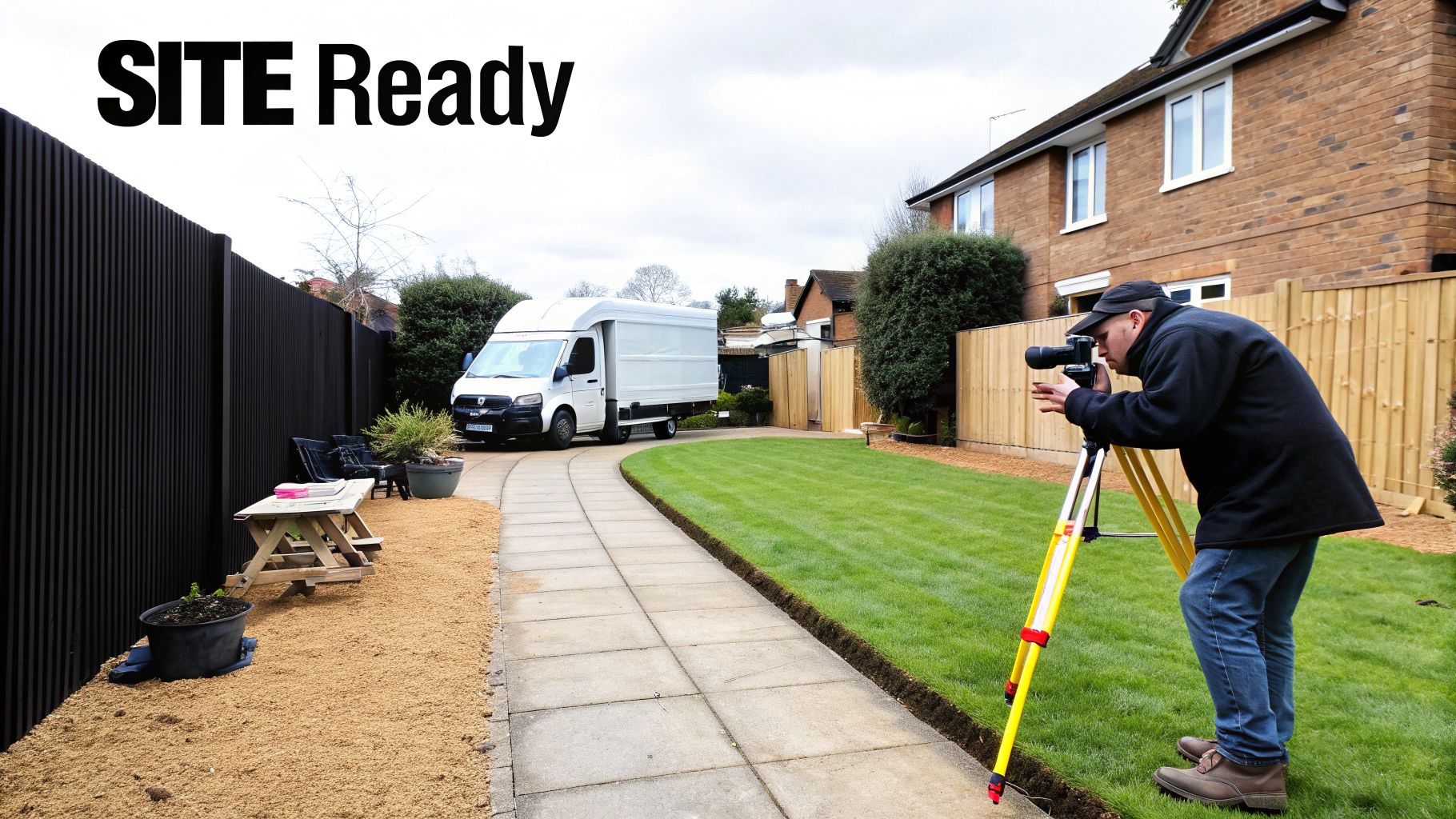 A man surveys a residential garden with surveying equipment, preparing for a site project.
