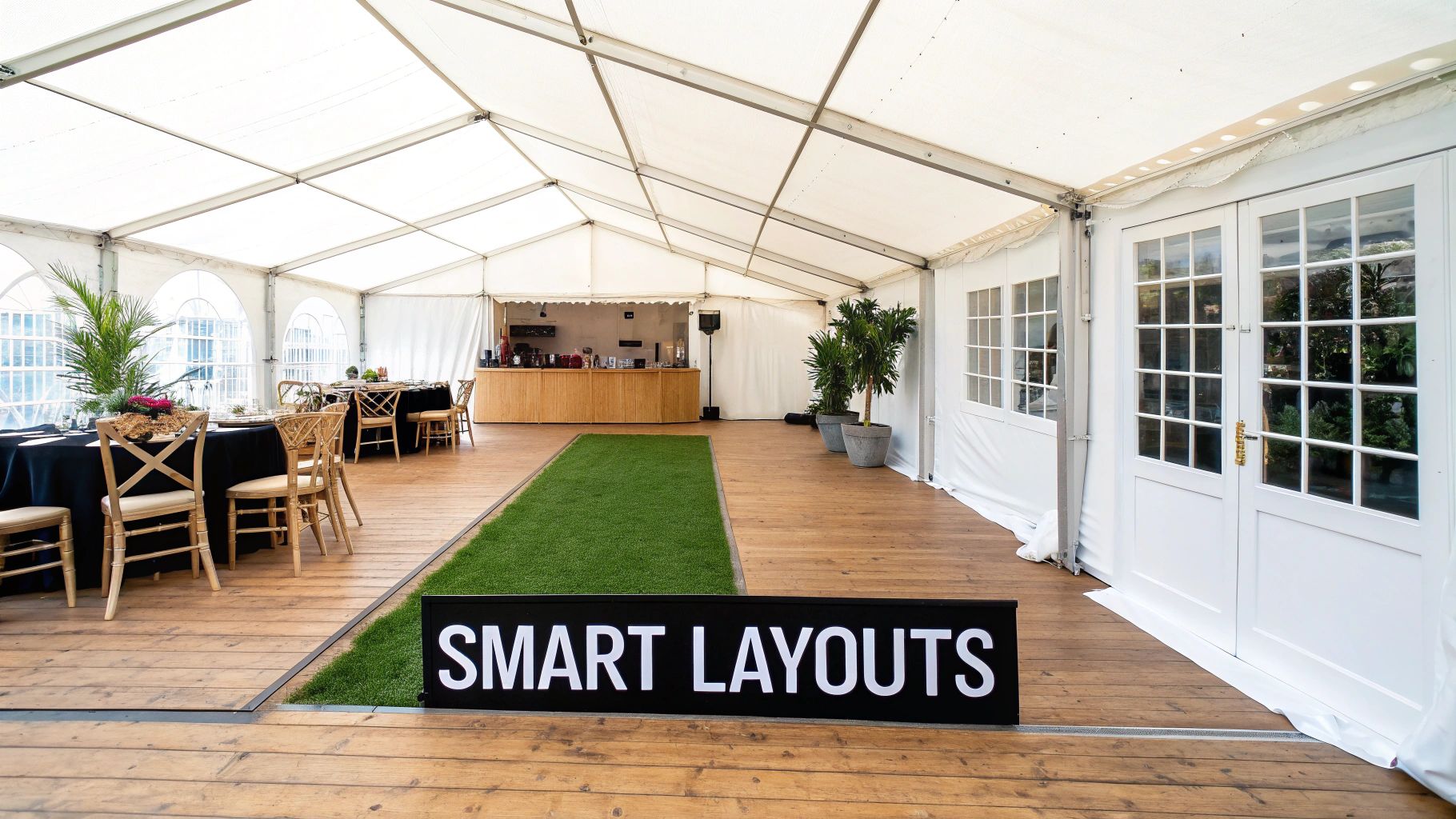 Spacious event marquee interior with wooden flooring, a bar, dining tables, and a "SMART LAYOUTS" sign.