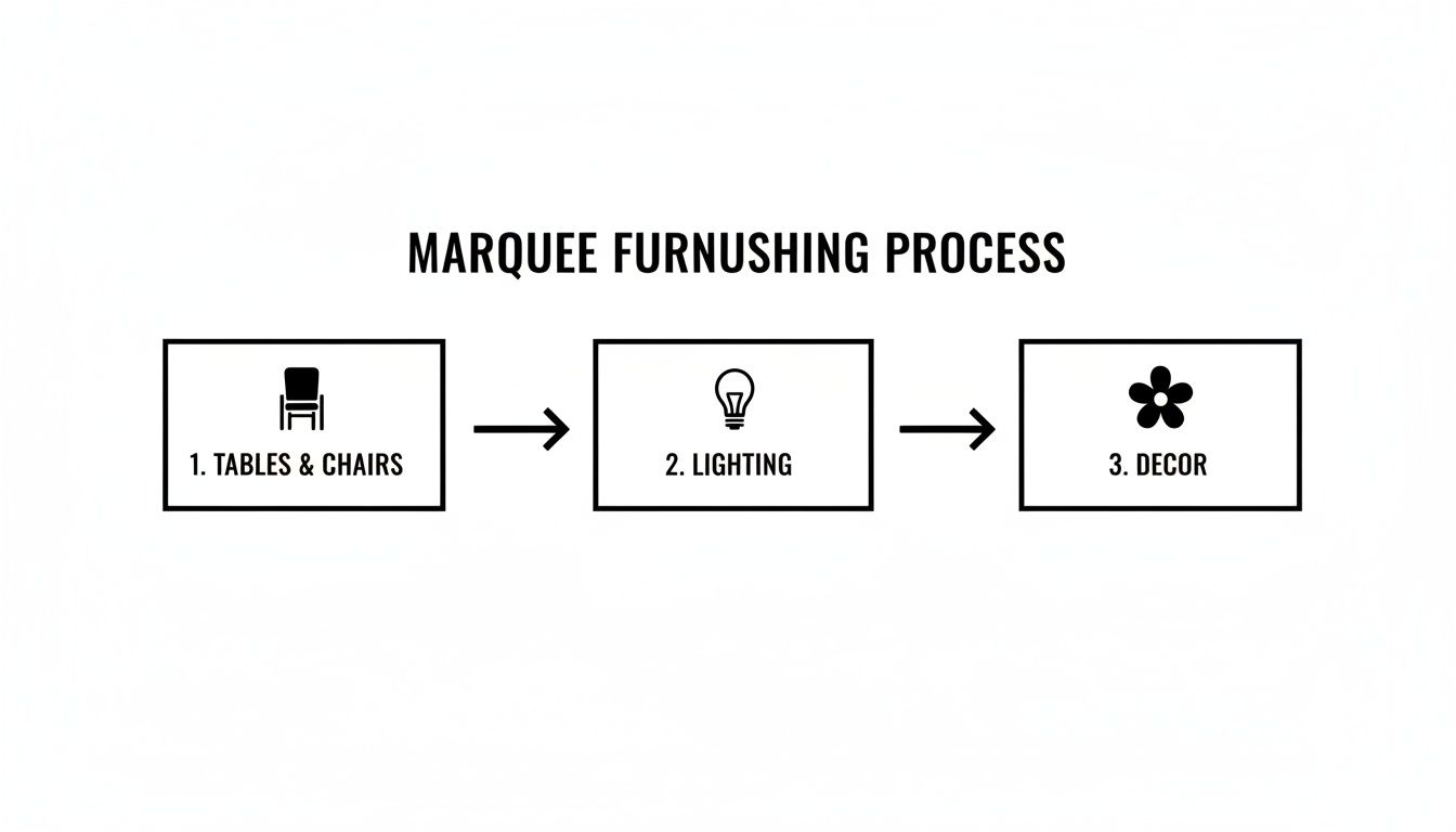 A flowchart illustrates the marquee furnishing process with steps: tables & chairs, lighting, and decor.