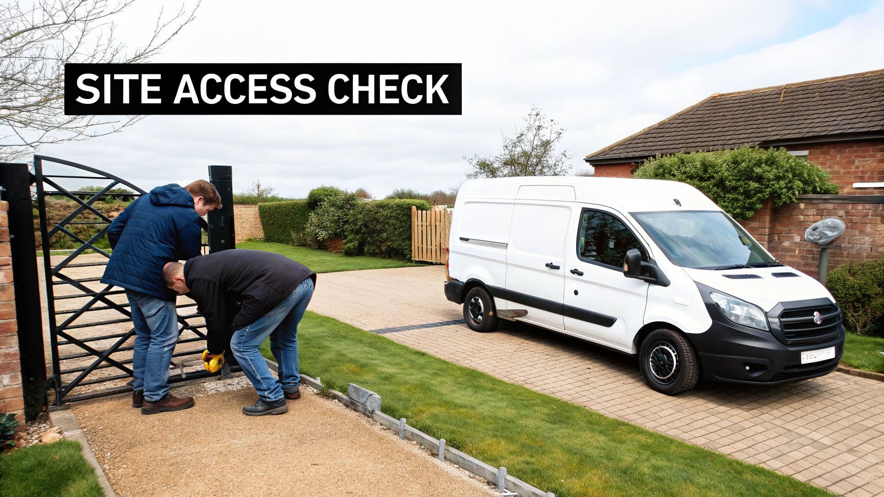 Two men conducting a site access check at a gate with a white van nearby.