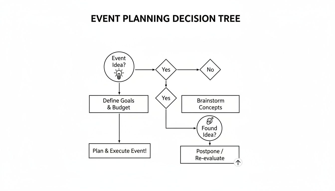 A flowchart illustrates an event planning decision tree, guiding users from idea generation through execution or re-evaluation.