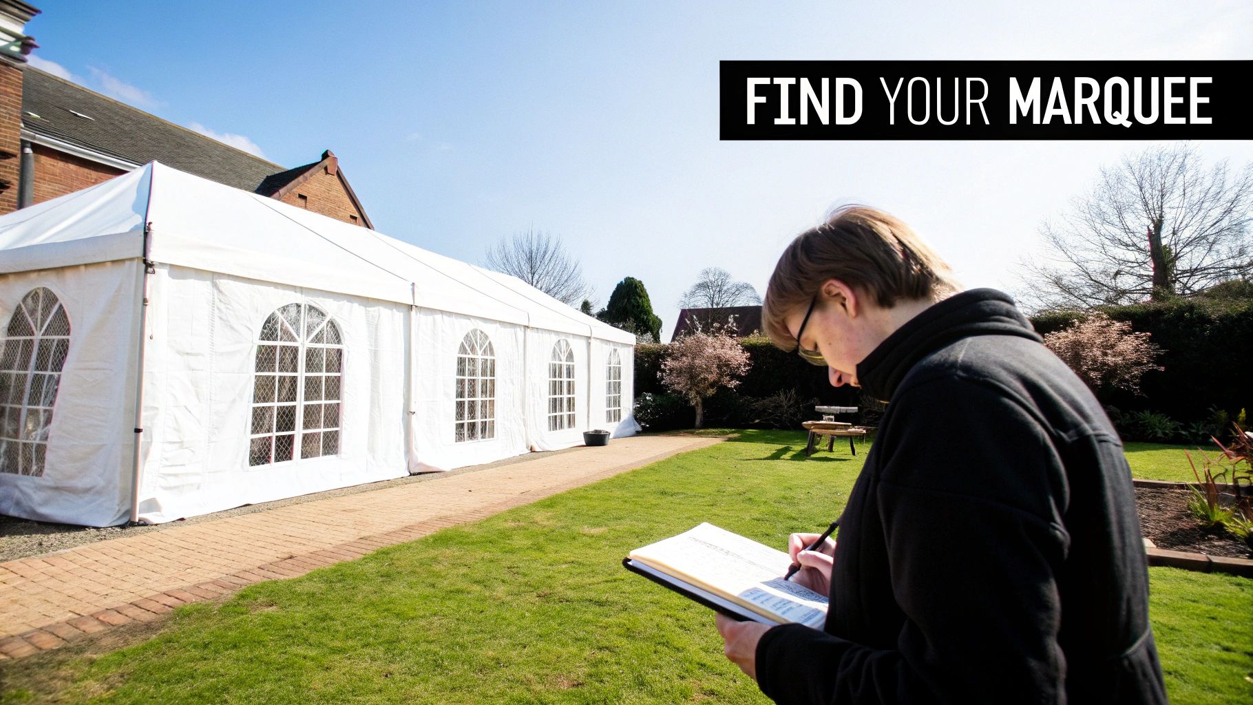 A person in glasses writes in a notebook beside a white marquee tent in a sunny garden.