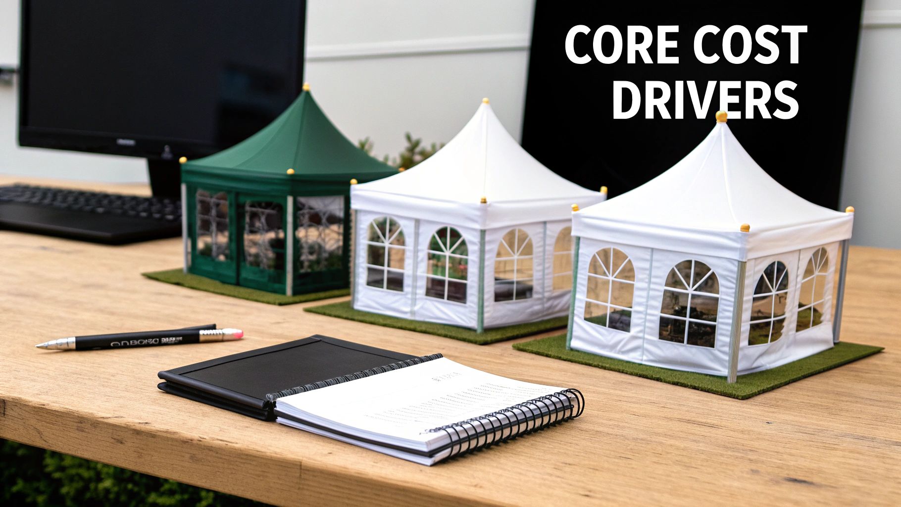 Three miniature green and white party tents, a notebook, and pen on a wooden desk.