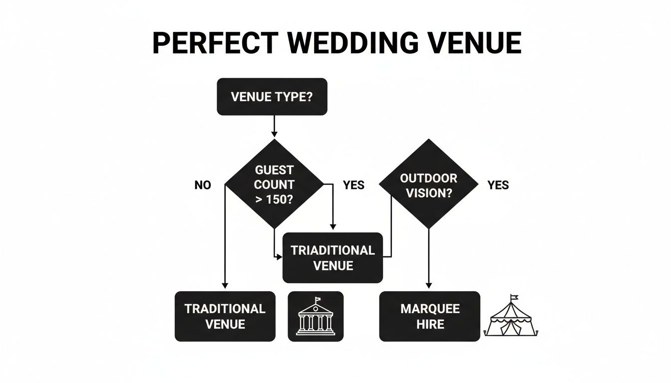 Decision flowchart for perfect wedding venue, considering guest count and outdoor vision, recommending traditional or marquee hire.