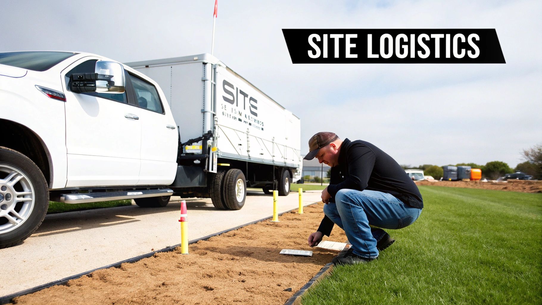 Man crouches, examining ground markers at an outdoor site with logistics trucks.