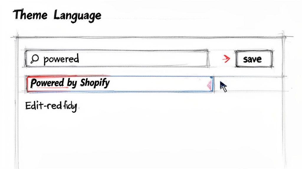 A sketch of a UI for 'Theme Language' showing a search bar, 'Powered by Shopify' text input, and save button.