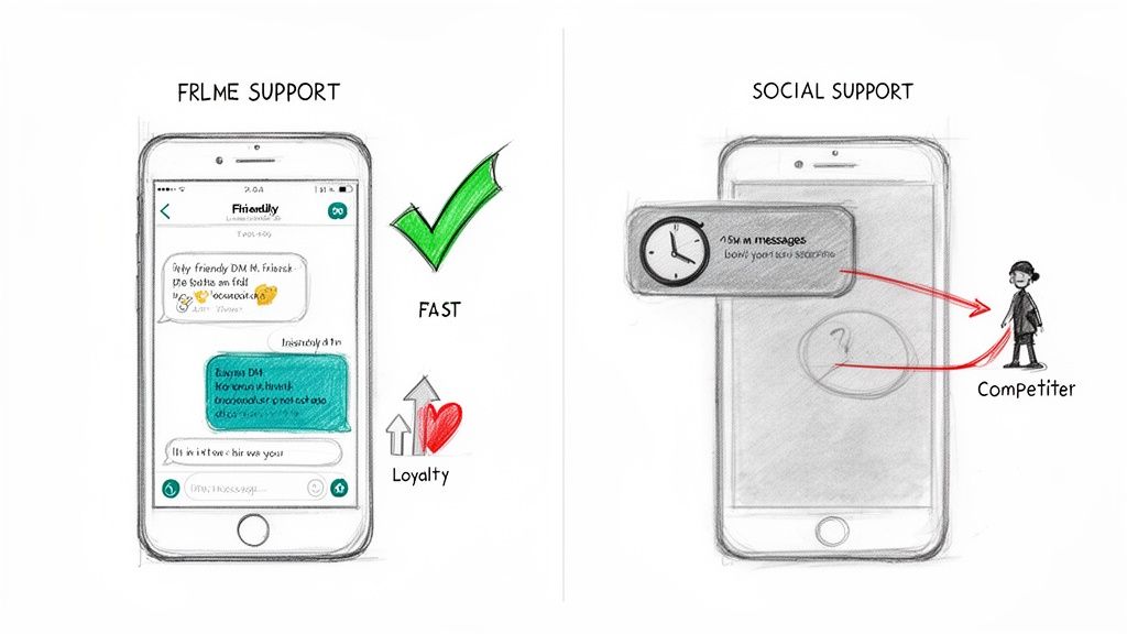 Diagram comparing fast, loyal FRLME in-app support with slow social media support, where customers go to competitors.