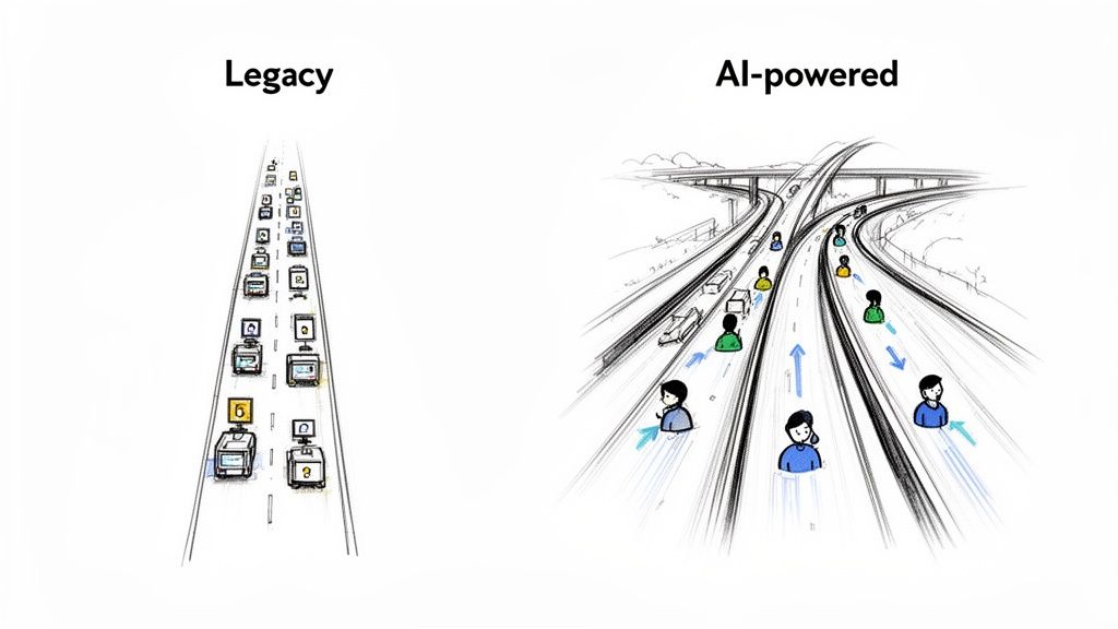 A visual comparison showing legacy customer support as a long queue versus AI-powered dynamic routing.